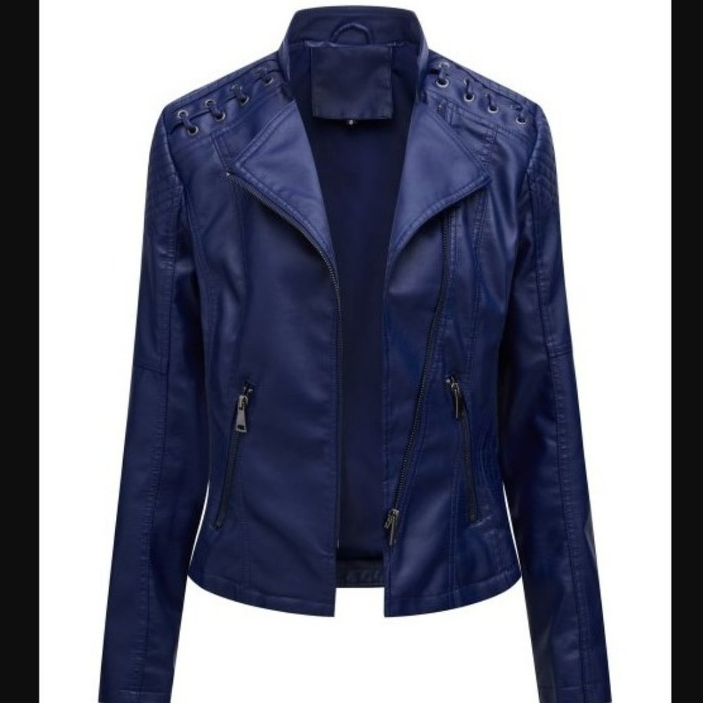 NIB Dark Blue Laced-Shoulder Moto Jacket, Size L - Picture 1 of 5